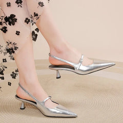 Hnewly Shoes for Women New Pointed Toe Women's Slingback Sandals Simple and Elegant Dress Shoes High Quality Silver Heels Women