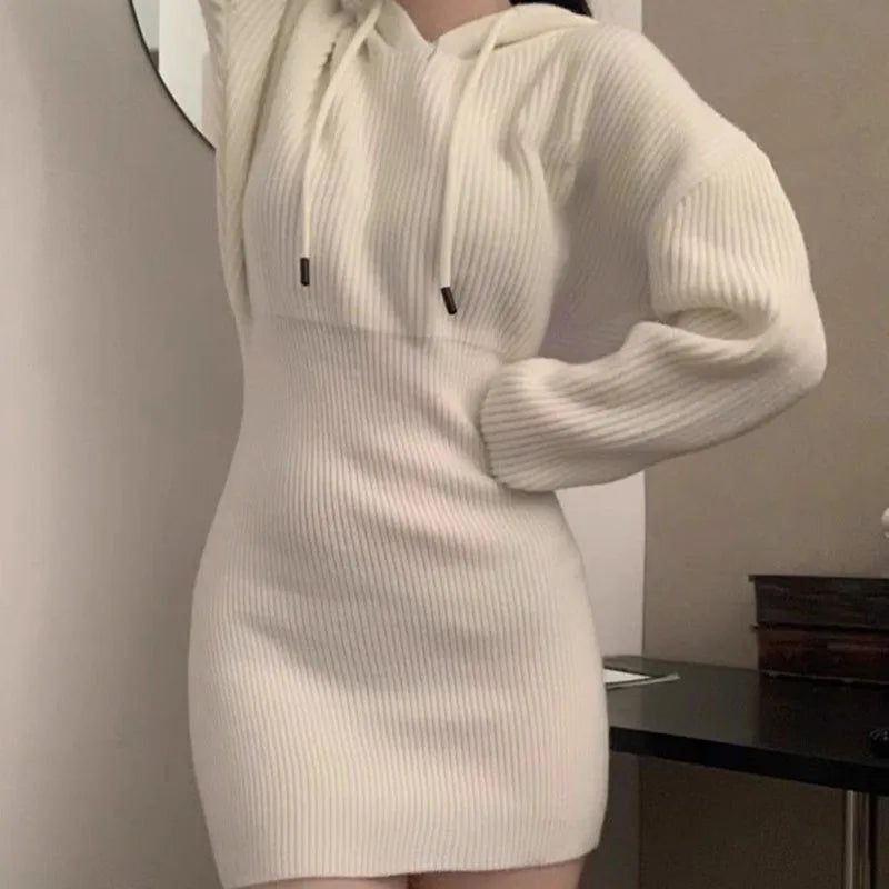 Hnewly Sexy White Thicken Knit Mini Dress Woman Korean Elastic High Waist Bandage Dresses Women Hooded Outwear Long Sleeve Slim Dress