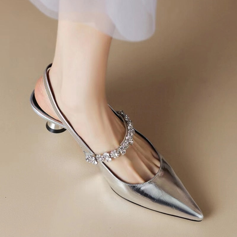 Hnewly Gold Silver Low Heels Sandals Women Summer Shiny Crystal Straps Pointed Toe Sandals Woman Slingbacks Pumps Ladies Shoes