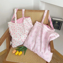 Hnewly Pink Floral Canvas Shoulder Bag Handbag Korean Travel Beach Bag Double-sided Shopping Totes Bag Girl Lace Underarm Bag