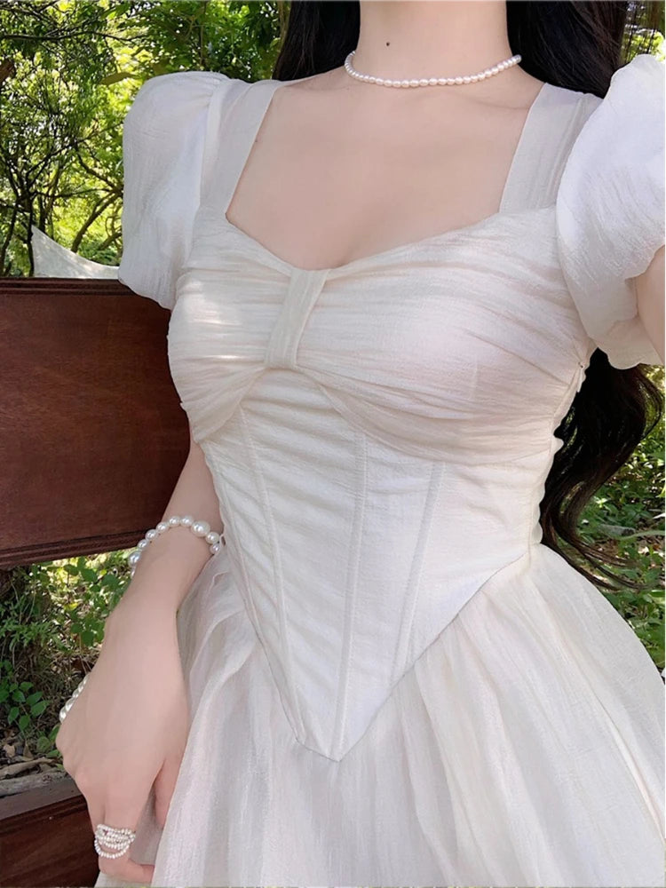 Hnewly DRESS TO IMPRESS Elegant Korean Fairy Dress Women White Sweet Puff Sleeve Casual Dress Female Court Vintage Party Midi Dress 2024 Summer Fashion