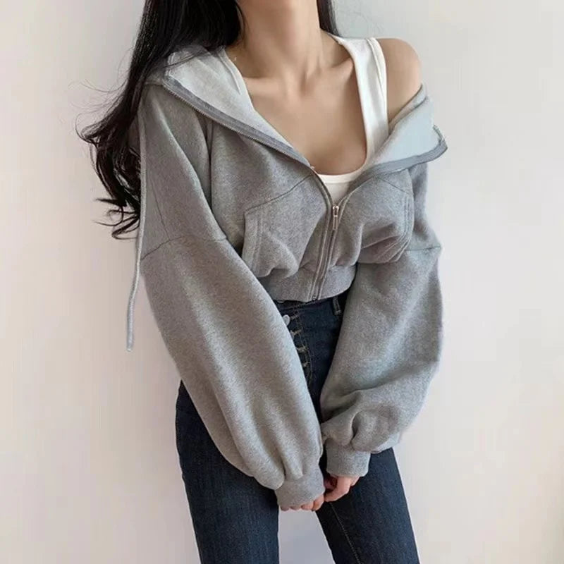 Hnewly casual winter outfits Short hooded Sweatshirt Women Y2K Zip Up Hoodies Harajuku Long Sleeve Tops Oversized Crop Top Female Loose Jackets Coat