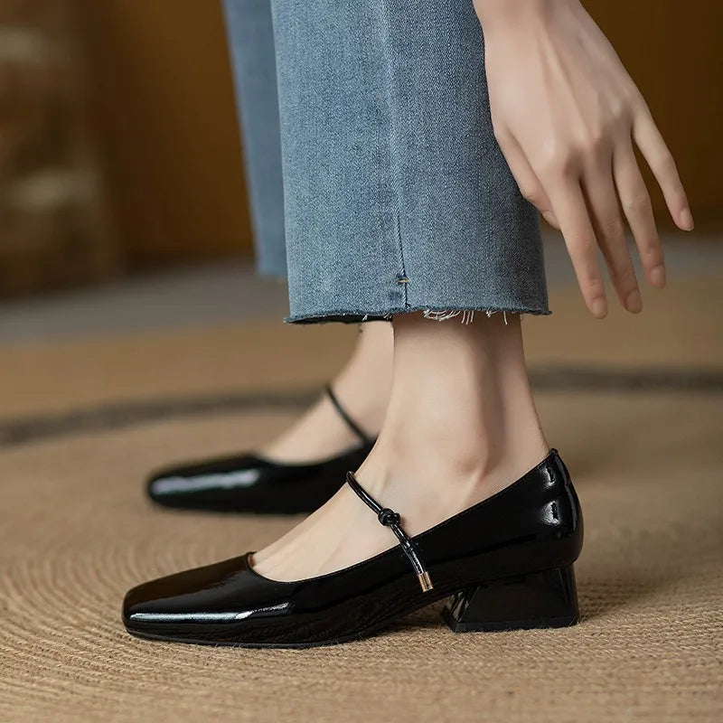 Hnewly Women's Mary Janes Shoes New High Quality Pumps Low Heel Dress Shoes Square Toe Shallow Buckle Strap Women's Shoes