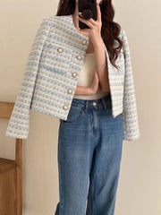 Hnewly Autumn Winter Women Elegant  Tweed Cardigan Short Coat With Pocket Single Breasted Jacket For Women Loose Outwear