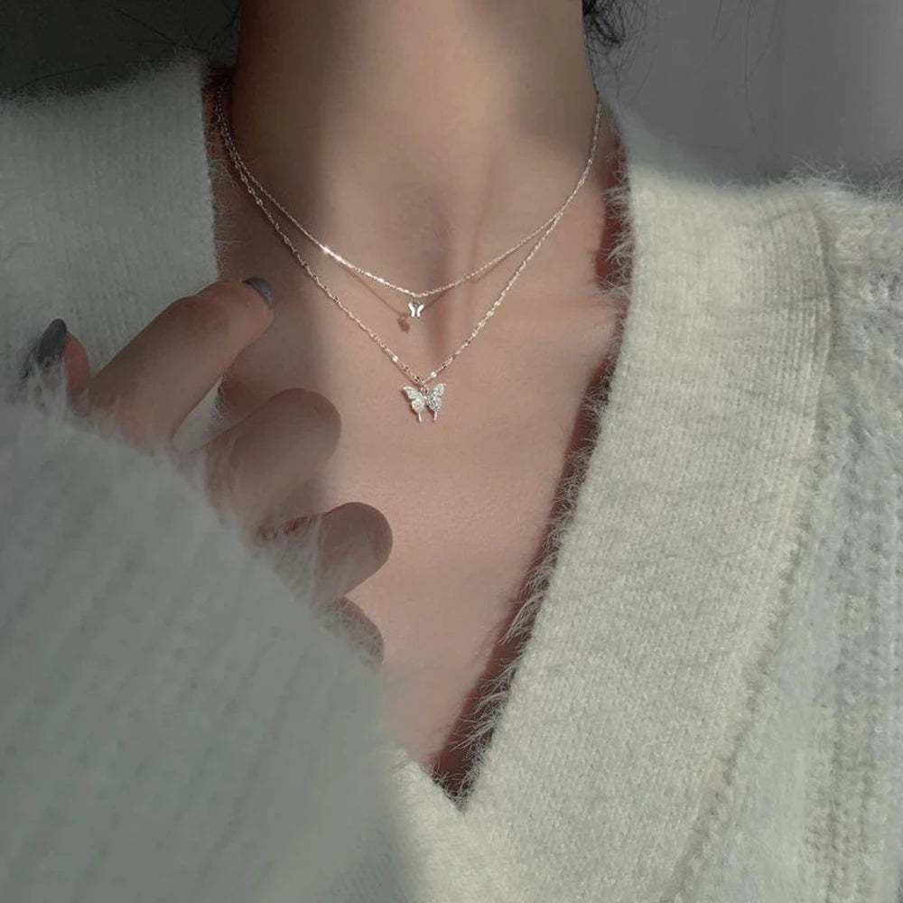 Hnewly Simple Double Layer Star Moon Charm  Multilayered Necklace Delicate Clavicle Chain Zircon For Women Fashion Jewelry