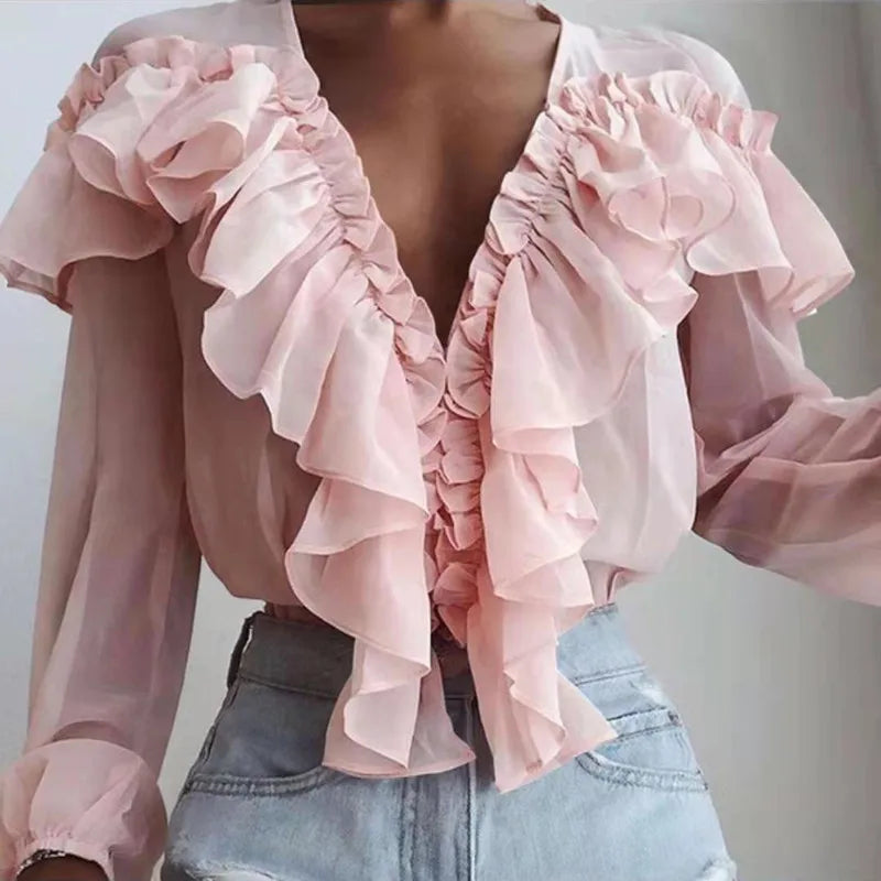 Hnewly Spring Autumn Elegant Ruffles Women Shirts Top Casual V Neck Long Sleeve Loose Female Solid Chiffon Blouses For Women Blusa