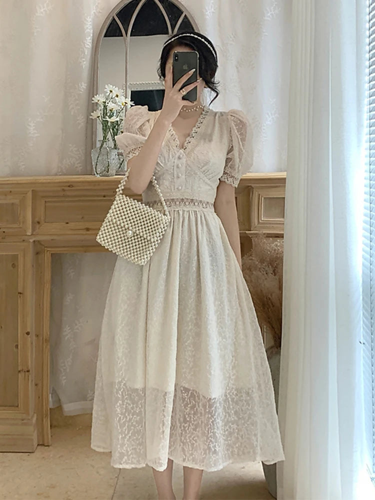 Hnewly Summer Elegant Lace Fairy Dresses Women Embroidery Mesh Sweet Party Long Dress Female Elegant Korean Lolita Princess Dress