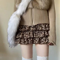 Hnewly Leopard Print Sexy Mini Skirt Women Ruffle Y2k Vintage Harajuku Short Skirts Streetwear High Waist Layered Retro Skirt