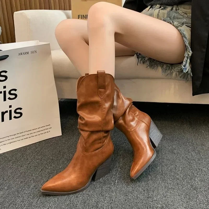 Hnewly Female Western Boots Cowboy Boots Women Plested Women Ankle  Pu Leather Shoes Autumn Boots Women Booties Lady Plus Size 42