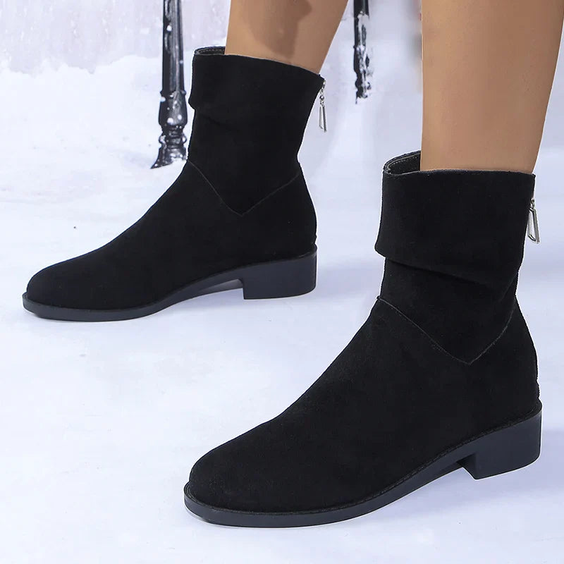 Hnewly Autumn Womens Solid Pleated Ankle Boots Fashion Faux Suede Square Heel Boots Ladies Round Toe Back Zipper Office Shoes Boats