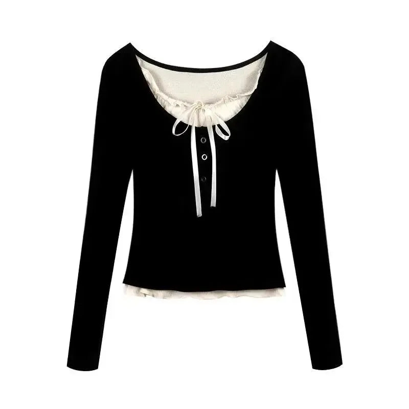 Hnewly Korean Fashion Cropped Tshirt Women Long Sleeve Coquette Lace Streetwear Bow T-shirts Round Neck Tops Vintage Aesthetic