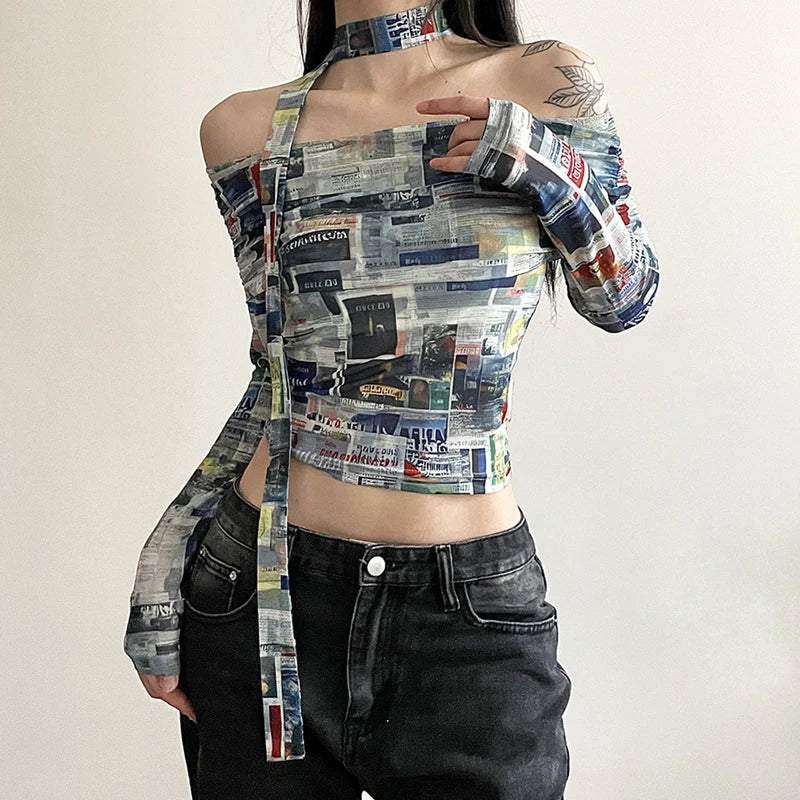 Hnewly Y2K Coquette Mesh Printed Slash Neck Crop Tops 2000s Aesthetics Long Sleeve Slim T-Shirt Chic Streetwear Woman Clothing