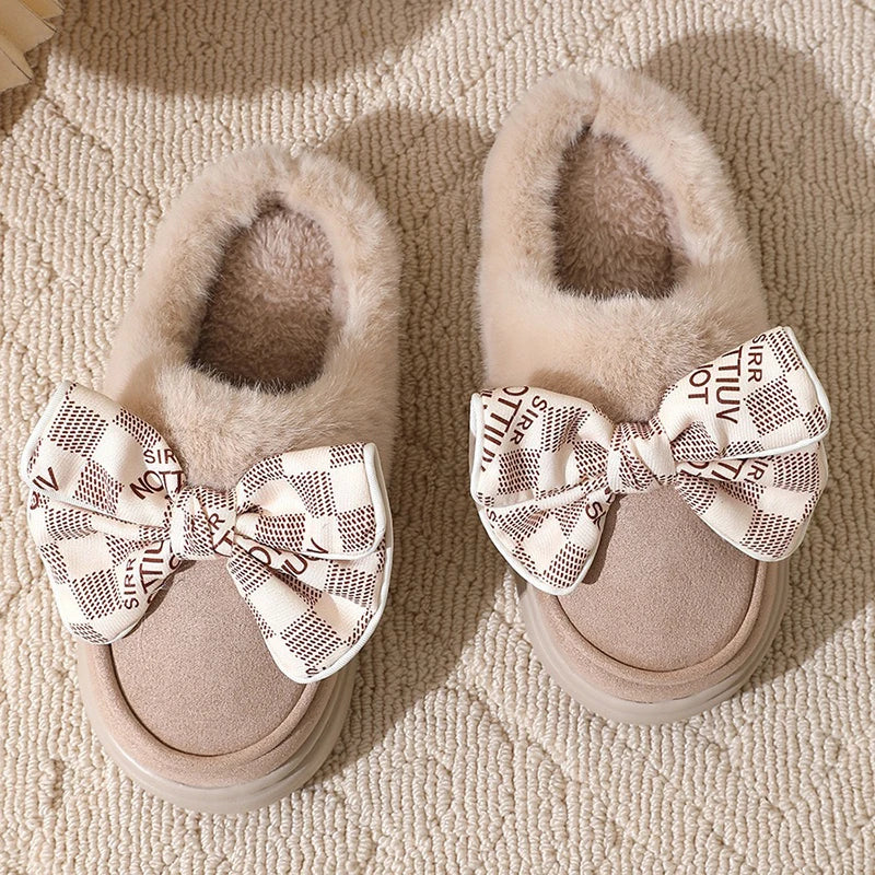 Hnewly Women's Warm Home Slippers Cute Autumn Winter Bow Thick Plush Non-Slip Leisure Shoes Soft Bedroom Platform Flat Slides