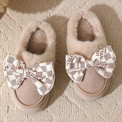 Hnewly Women's Warm Home Slippers Cute Autumn Winter Bow Thick Plush Non-Slip Leisure Shoes Soft Bedroom Platform Flat Slides