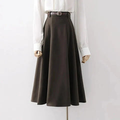 Hnewly long skirt outfit winter Vintage Belt Woolen Midi Skirt Women Black Pleated Skirts Fall Winter Ladies Korean Elegant High Waist All Match A Line Skirt