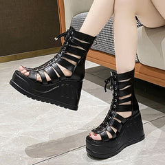 Hnewly Gothic Chunky Platform Sandals Women Summer Punk Wedge High Heels Gladiator Shoes Woman Hollow Out Thick Bottom Sandalias