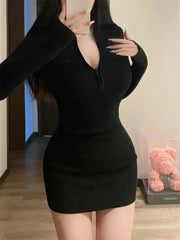 Hnewly Long Sleeve Dresses for Women Black Sexy Club Bodycon Mini Dress Y2k High Waist Ladies Korean Short Dress Basic Autumn Winter