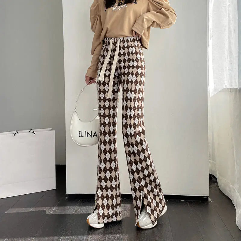 Hnewly Green Plaid Ladies Bell Pants Checked Korean Flared Trousers for Women Vintage Flare Leggings Leg Slit Fluid Elasticity Sexy Hot