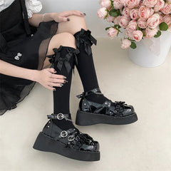 Hnewly Y2K Metal Chains Punk Gothic Shoes Women Black Patent Leather Buckle Strap Wedges Pumps Woman Thick Platform Rivet Lolita Shoes