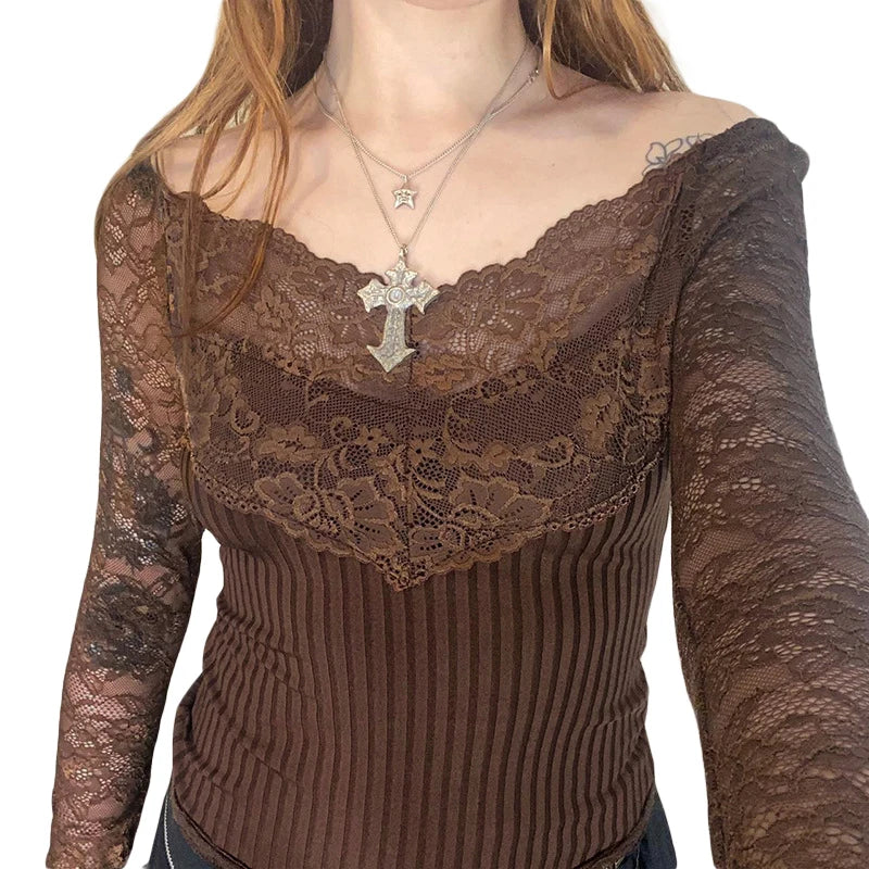 Hnewly y2k Fairycore Tops Women Clothing Brown Lace Patchwork Long Sleeve Knitted T Shirts 2000s Aesthetic Clothes Streetwear