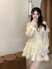 Hnewly Summer Elegant Ruffles Fairy Dress Women Casual Sweet Lolita Party Dress Long Sleeve One Piece Dress Korean Female Fashion