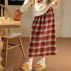 Hnewly Preppy Style Wool Long Skirt Vintage Kawaii Sweet Korean Fashion Plaid Skirts Cute Autumn Winter Patchwork Midi Skirts