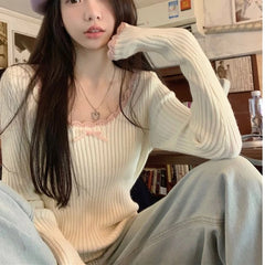 Hnewly Elegant Sweet Sweaters Women Lace Bow Kawaii Knitted Pullovers Korean Style Long Sleeve Cute Fashion Aesthetics Jumpers