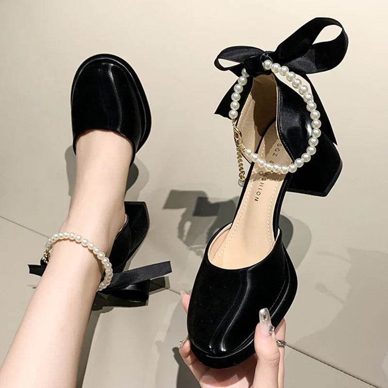 Hnewly Pearl Ankle Buckle Thick Heel Pumps Women Back Bowtie Lace Up Mary Jane Shoes Woman Autumn Platform High Heels Dress Shoes