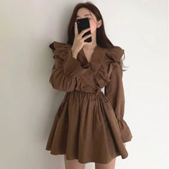 Hnewly Dresses for Women Spring Short Mini Clothes Ruffle Woman Dress Long Sleeve Outfits Summer Cheap Casual Retro