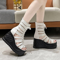 Hnewly Gothic Chunky Platform Sandals Women Summer Punk Wedge High Heels Gladiator Shoes Woman Hollow Out Thick Bottom Sandalias