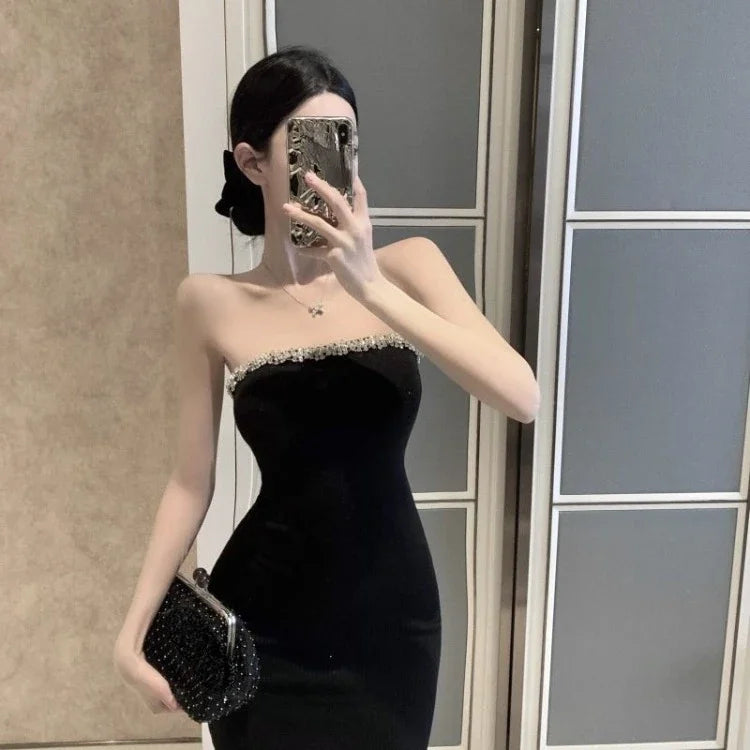 Hnewly Off Shoulder Diamond Strapless Dress for Women Sexy Slim Waist Black Bodycon Dresses 2025 Summer New Vestidos De Mujer