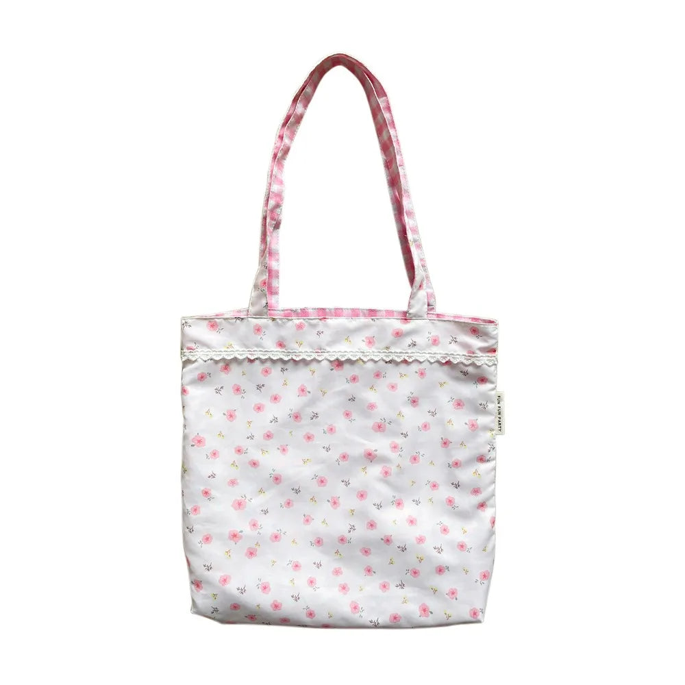 Hnewly Pink Floral Canvas Shoulder Bag Handbag Korean Travel Beach Bag Double-sided Shopping Totes Bag Girl Lace Underarm Bag