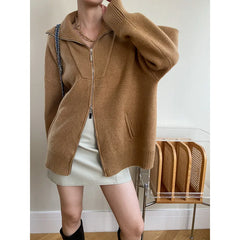 Hnewly Women Autumn Knitted Turn Down Collar Cardigans Zip Design Long Sleeve Women Sweater Cardigans Coat