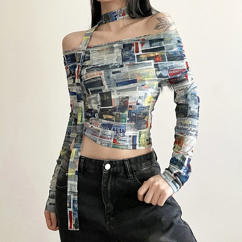 Hnewly Y2K Coquette Mesh Printed Slash Neck Crop Tops 2000s Aesthetics Long Sleeve Slim T-Shirt Chic Streetwear Woman Clothing