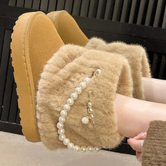 Hnewly Winter New String Bead Plush Women's Boots Warm Stylish Thick Platform Slip On Boots Faux Fur Plus Size 43 Ankle Botas Shoes