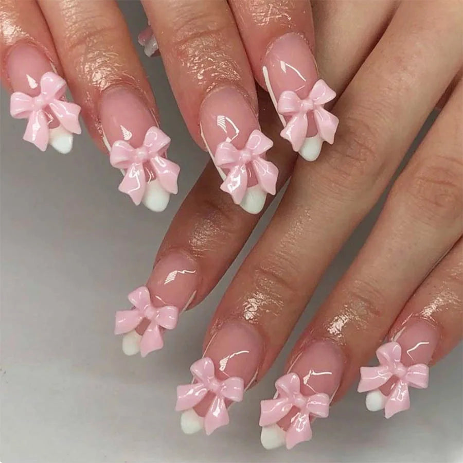 Hnewly 24PCS Pink Cute Girl Bow French Nail Art Full Cover Wearable Detachable Fake Nails Press On Nails Almond False Nail