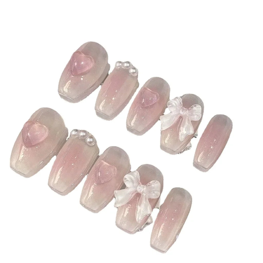 Hnewly Cute Pink Sweet Princess Removable Handmade Wear Nail Art Y2K Vitality Girl Short Fake Nails Blush Bow Nail Patch