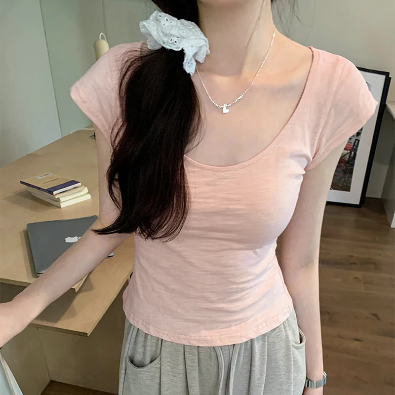 Hnewly Solid Basic Round Collar Short Sleeve T Shirts Womens 2024 New Summer Cozy Slub Cotton Slim Tee Shirt Female Casual Short Tops