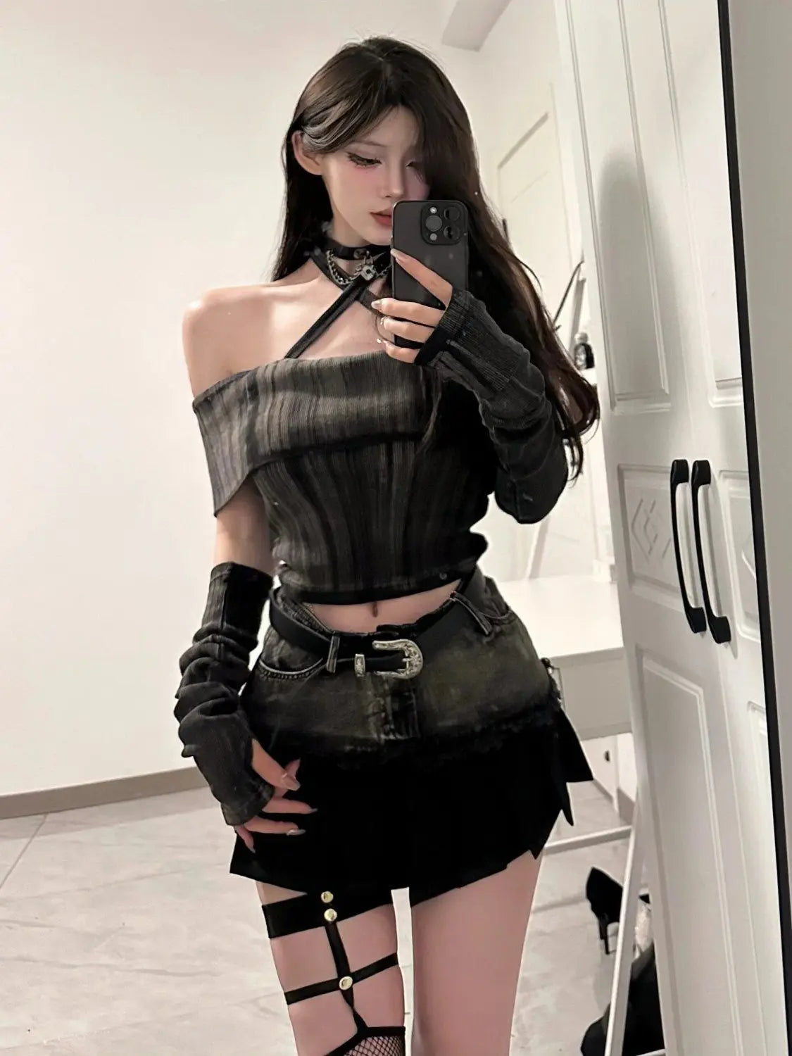 Hnewly trashy outfits Spring/Summer New Sexy One Shoulder Short Sleeve Slim Retro Top Splicing Short Skirt Set Spicy Girl Two Piece Sets Women Outfits