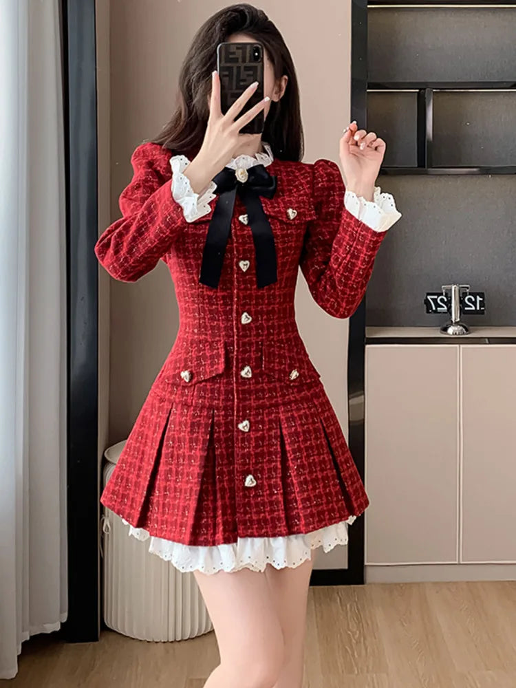 Hnewly French Light Luxury Tweed Pleated Dress Korean Sweet Long Sleeve Heart-shaped Buckle Ruffle Chic Office Ladies Vintage Dresses