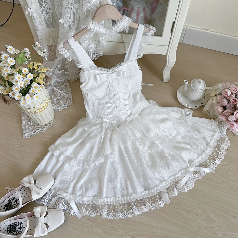 Hnewly Japanese Sweet Lolita Jsk Dress Women Elegant Ruffles Lace Bandage Princess Strap Dresses Girls Y2k Kawaii Tea Party Mini Dress