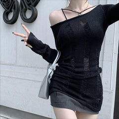 Hnewly BACK TO SCHOOL OUTFIT Women Dark Goth Split Hole Knit Sweaters Black Gothic Lady Hollow Out Cool Pullover Sweater Autumn Sexy See Through Pull Jumpers