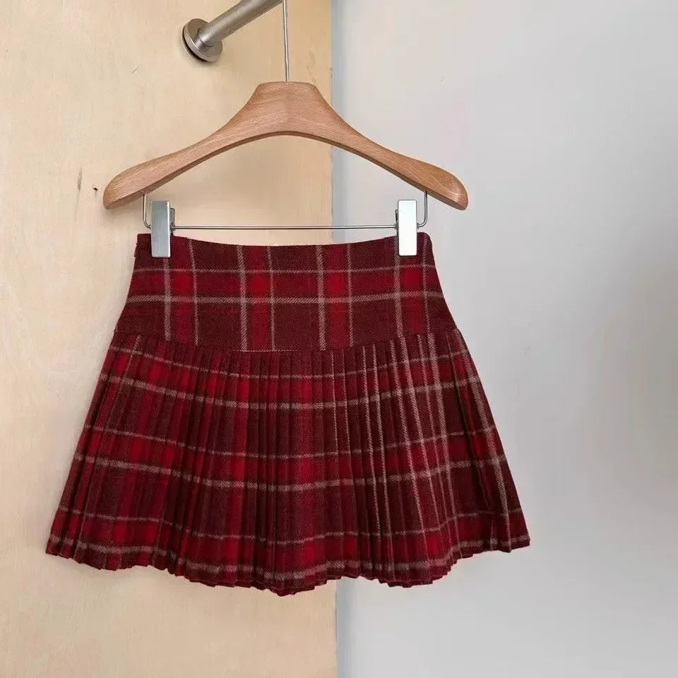 Hnewly Japanese Style Retro Spicy Girl Plaid Pleated Skirt Autumn Winter College Style Woolen Mini Skirt High Waiste Sweet Kawaii Skirt