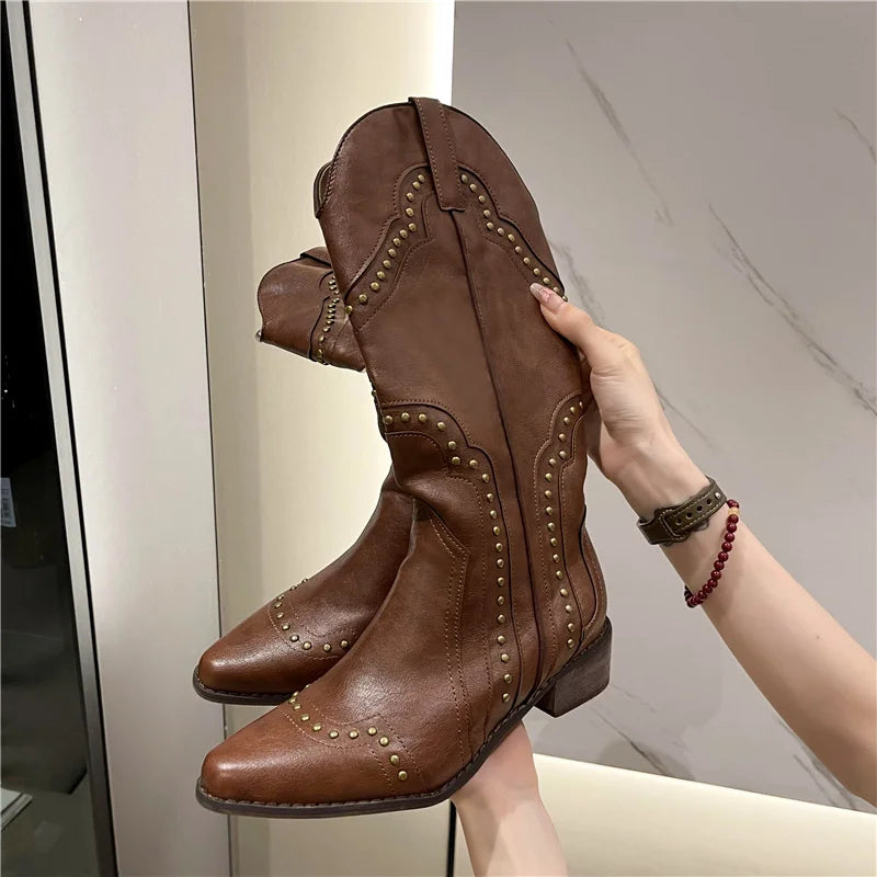 Hnewly Studded Boots Women Low Heel Cowboy Chelsea Western Short Leather Knee High Luxury Designer Gothic New Rock Shoes Vintage