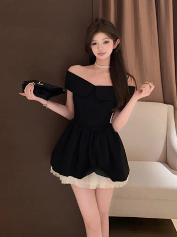 Hnewly DRESS TO IMPRESS French Hepburn Elegant Lady Mini Evening Party Dress Mesh Stitching A Line Summer Dresses For Women Off Shoulder Slim Sexy Dress