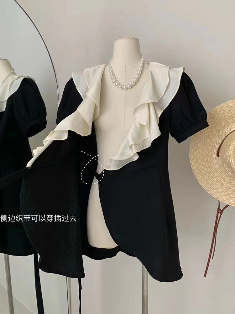 Hnewly Summer Midi Tunic Dress For Women 2024 Design French Fashion Elegant Ruffles A-line Frocks Short Sleeve Banquet Evening Party