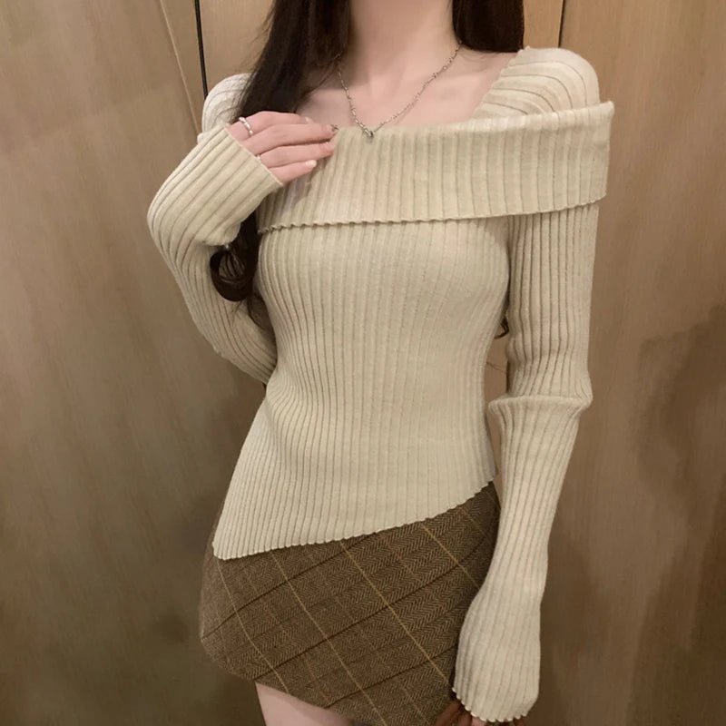 Hnewly Women Knitted Sweater Solid Color Square Collar Long Sleeve Asymmetrical Hem Crop Top y2k Aesthetic Clothing Streetwear