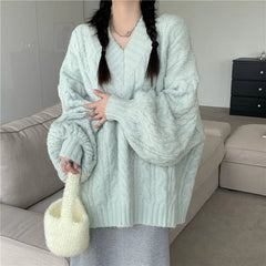 Hnewly WINTER OUTFITS Autumn Winter Harajuku Women Sweater Cute Oversized Knitted Pullover Korean Long Sleeve V Neck Sweater Preppy Solid Loose Jumper