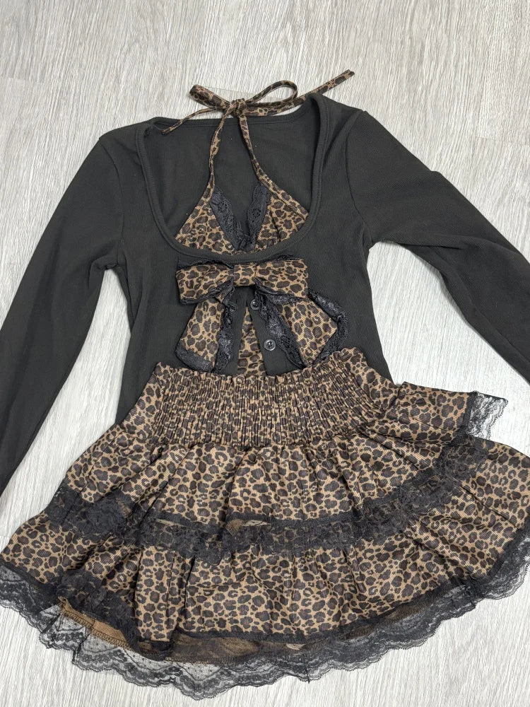 Hnewly Autumn Winter Sexy Leopard Print Skirt Suit Women Fake Two Piece Tops + Lace Cake Skirt Set Japanese Y2k Bow Sets 2000s Clothing