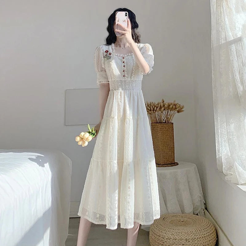 Hnewly Vintage Lace Fairy Midi Dress Women Summer French Floral Elegant Party Princess Dress Ladies Party One-piece Dress Korean